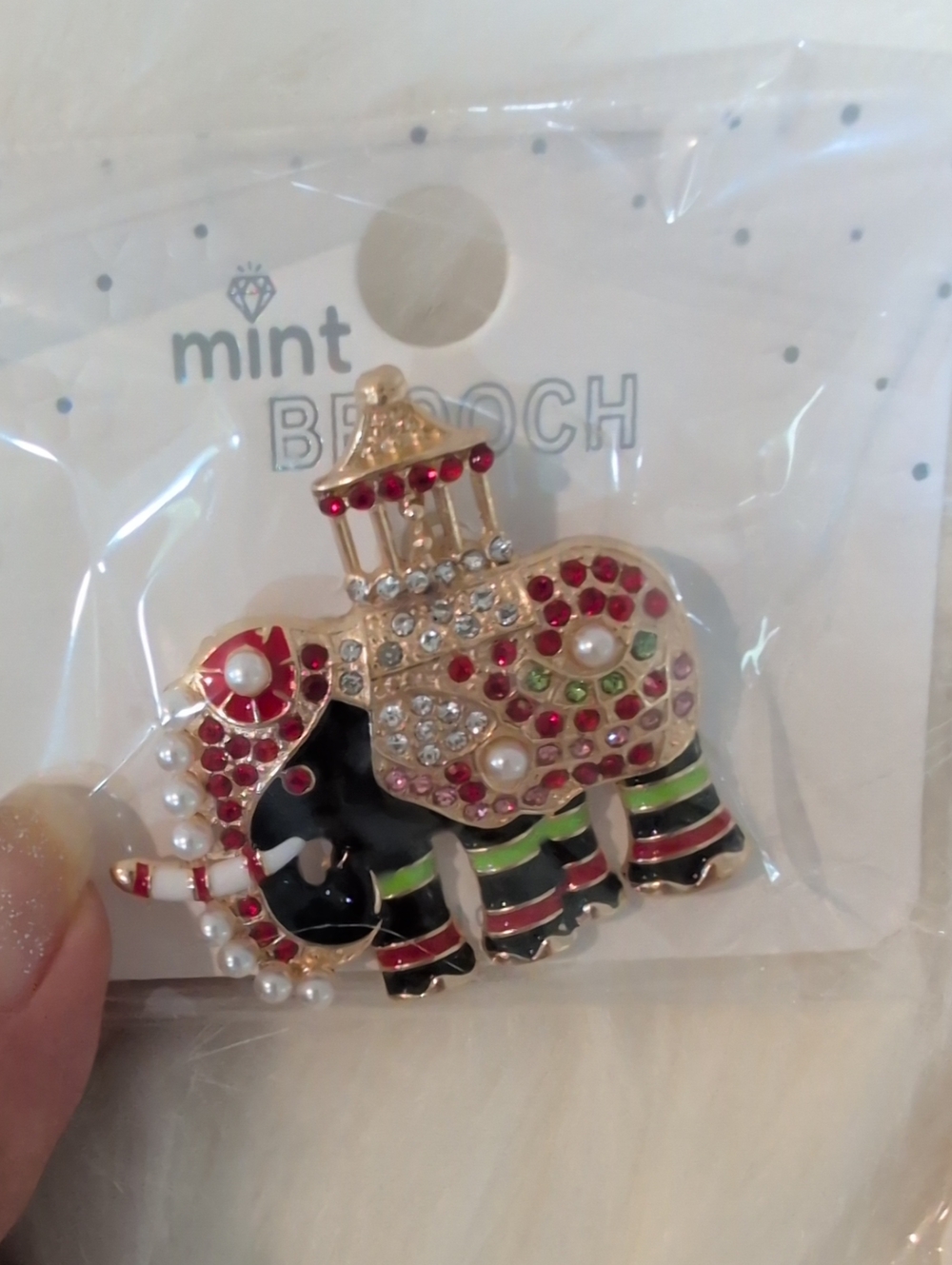 Mint Multicolored Jeweled Elephant Brooch with Pearls